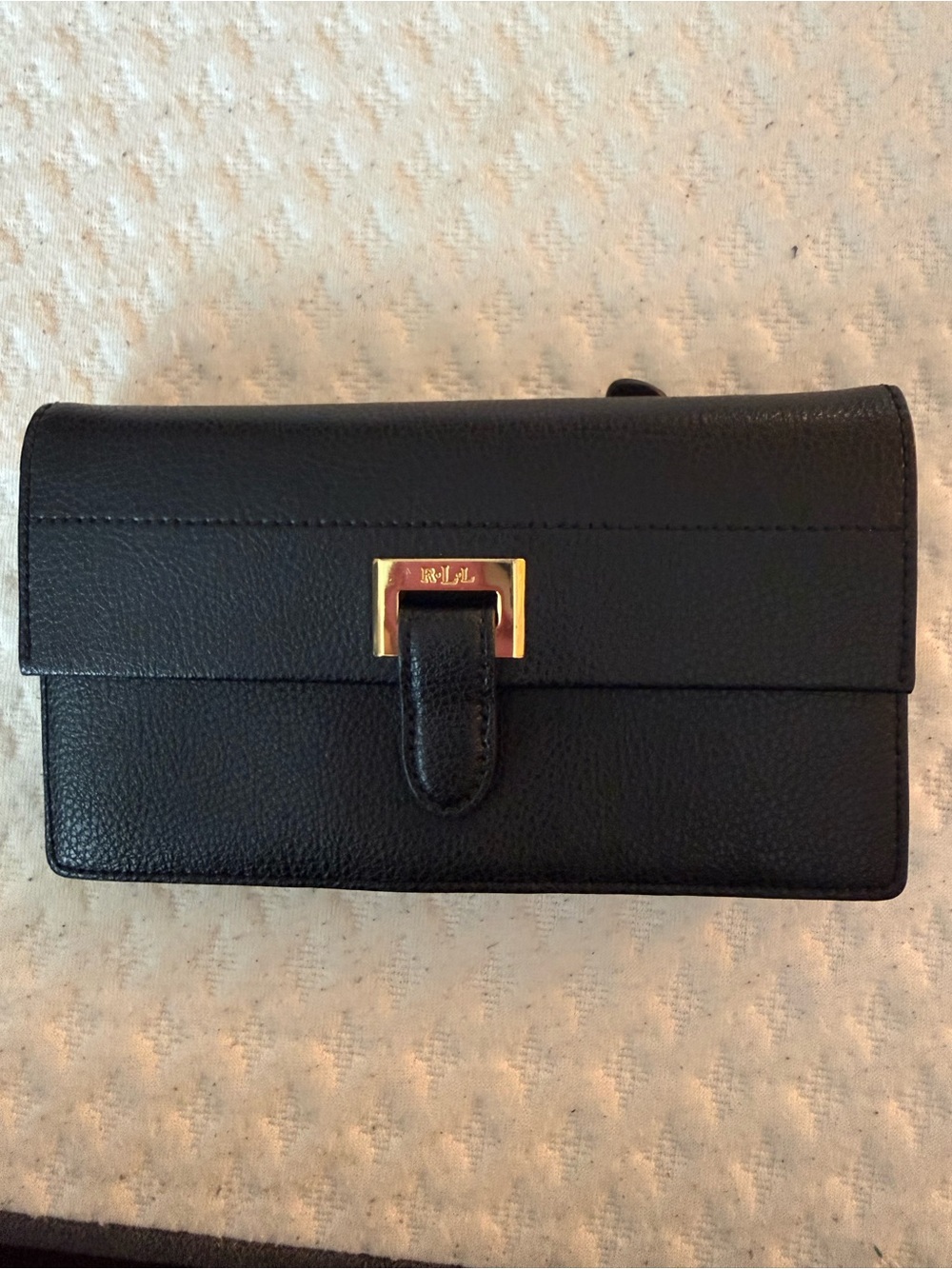 Lauren Ralph Lauren Black Leather Flap Wallet with Gold Hardware